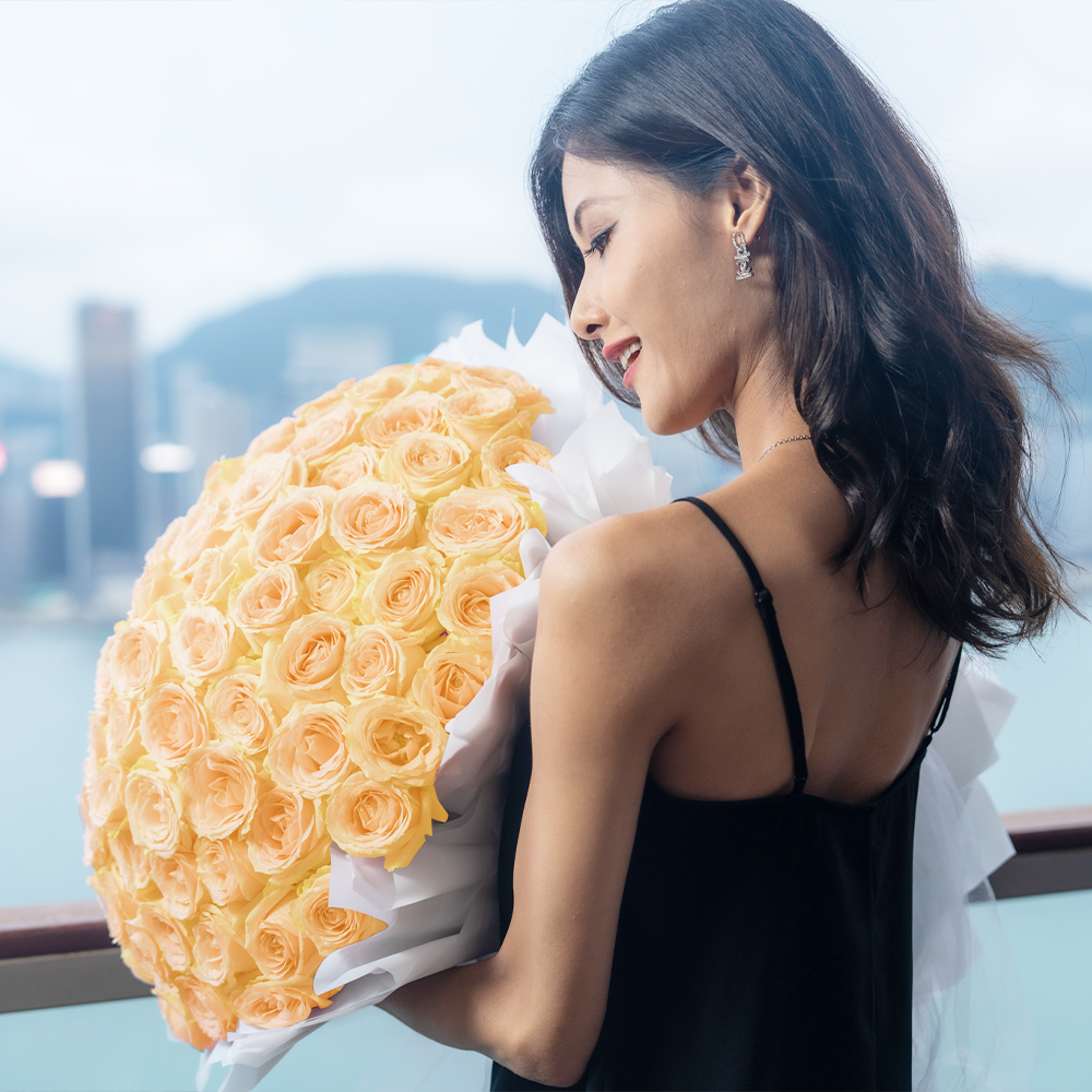 Premium Fresh Rose Bouquet - Champagne Roses (White Wrapper) - 99 roses