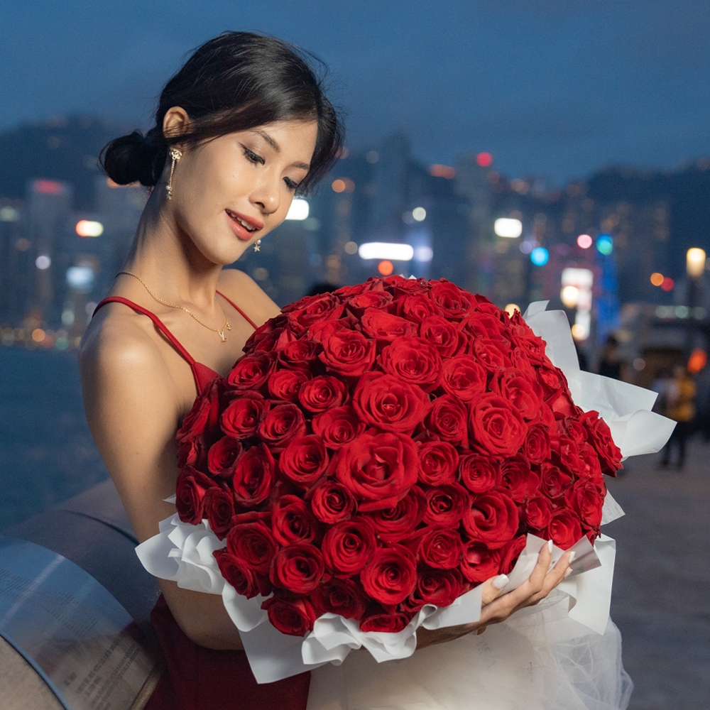 Premium Fresh Rose Bouquet - Red Roses (White Wrapper) - 99 roses