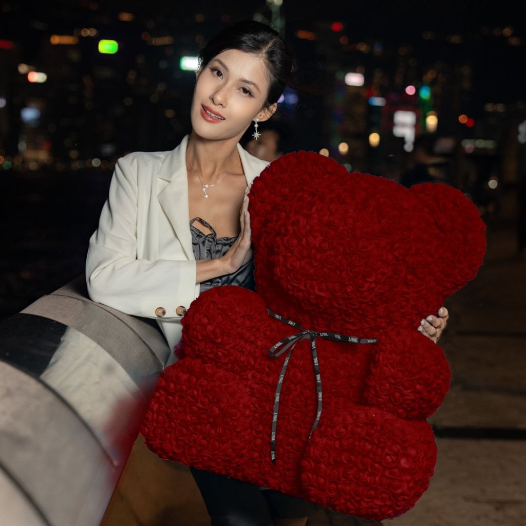 Giant Handmade Rose Bear - Burgundy Red