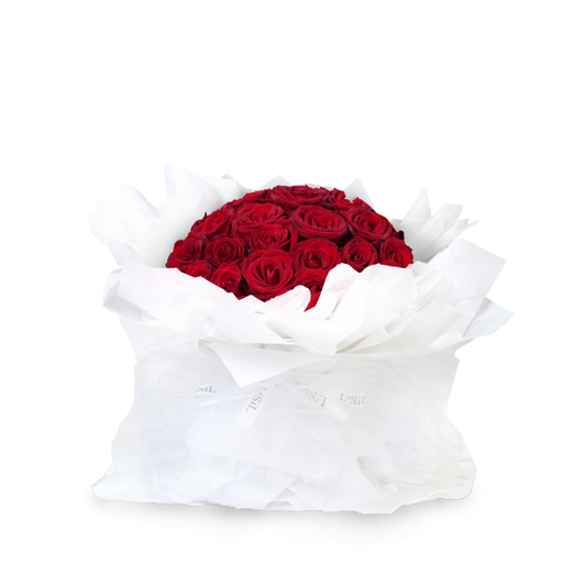 Premium Fresh Rose Bouquet - Red Roses (White Wrapper) - 33 roses