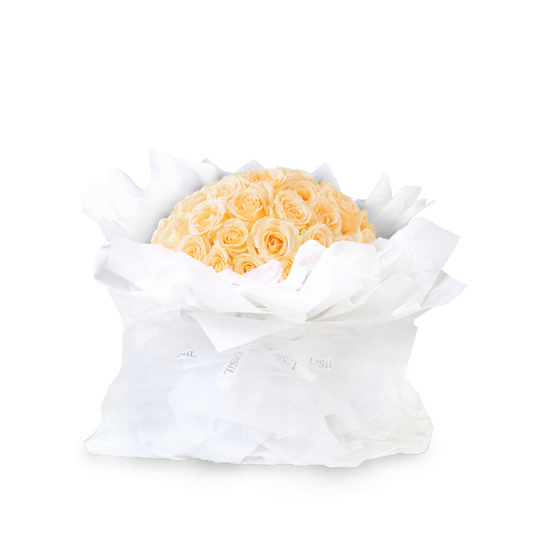 Premium Fresh Rose Bouquet - Champagne Roses (White Wrapper) - 33 roses