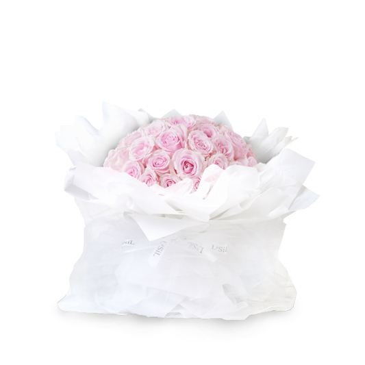 Premium Fresh Rose Bouquet - Pink Roses (White Wrapper) - 33 roses