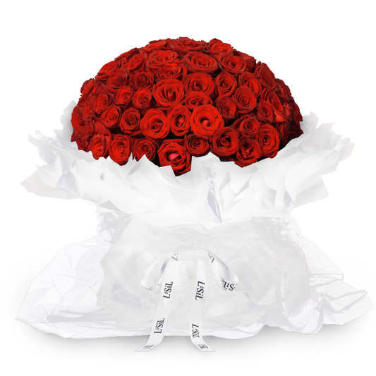 Premium Fresh Rose Bouquet - Red Roses (White Wrapper) - 99 roses