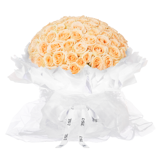 Premium Fresh Rose Bouquet - Champagne Roses (White Wrapper) - 99 roses